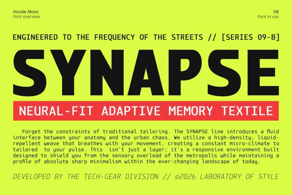 A high-impact techwear poster graphic on a bright neon lime green background. It shows the massive black title word "SYNAPSE", a bold red text box reading "NEURAL-FIT ADAPTIVE MEMORY TEXTILE", and a block of text detailed in the Hovide Mono font.