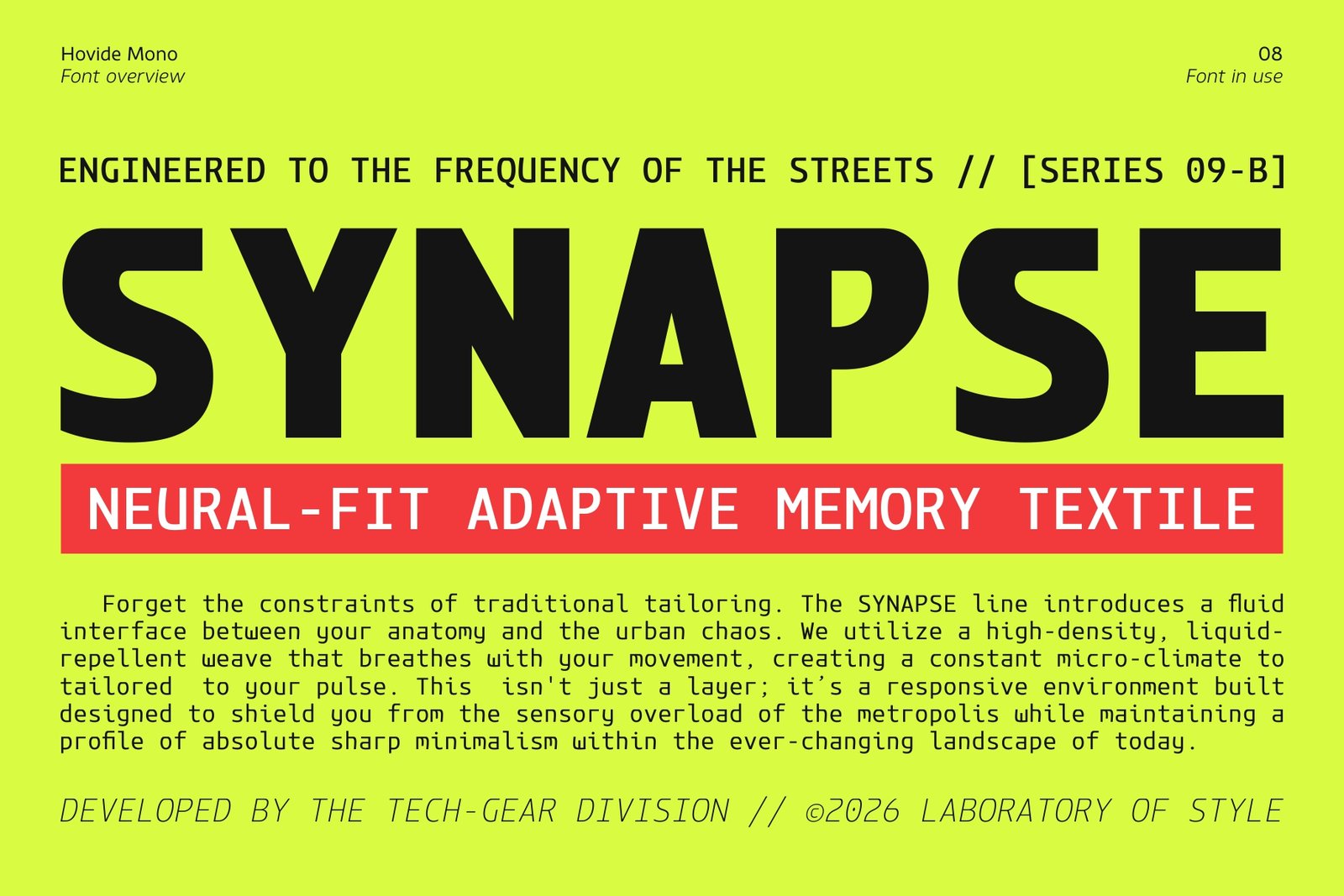 A high-impact techwear poster graphic on a bright neon lime green background. It shows the massive black title word "SYNAPSE", a bold red text box reading "NEURAL-FIT ADAPTIVE MEMORY TEXTILE", and a block of text detailed in the Hovide Mono font.