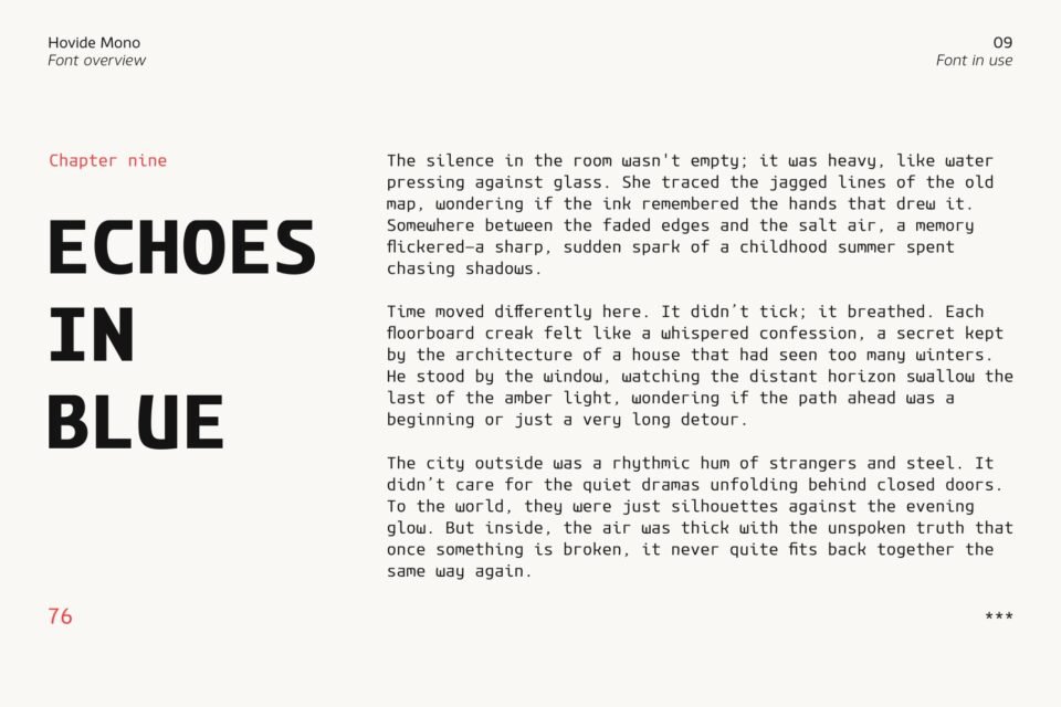 A minimalist book layout or literary page on off-white paper. The left page states "ECHOES IN BLUE" in giant capital letters, while the right page features long narrative prose paragraphs typeset entirely in the Hovide Mono typeface.