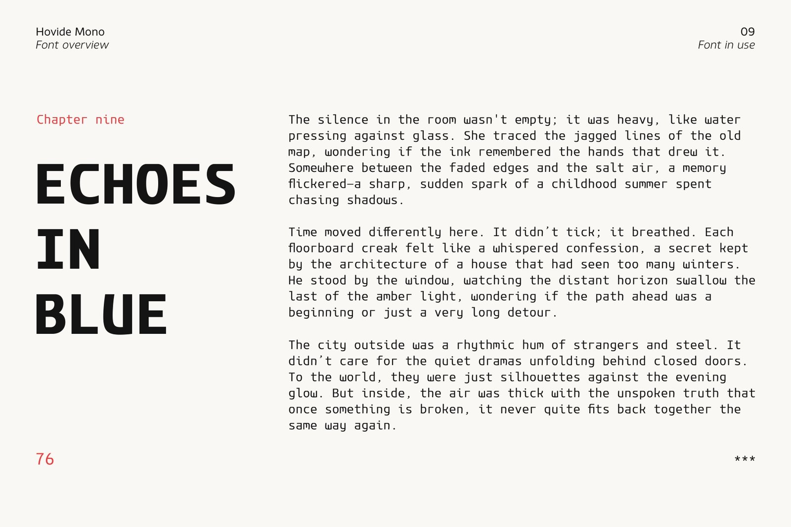 A minimalist book layout or literary page on off-white paper. The left page states "ECHOES IN BLUE" in giant capital letters, while the right page features long narrative prose paragraphs typeset entirely in the Hovide Mono typeface.