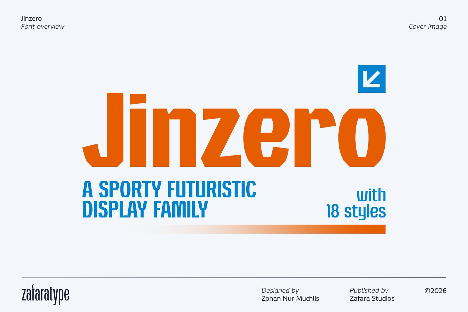 Jinzero font cover image displaying a sporty futuristic display family with 18 styles by Zafaratype.