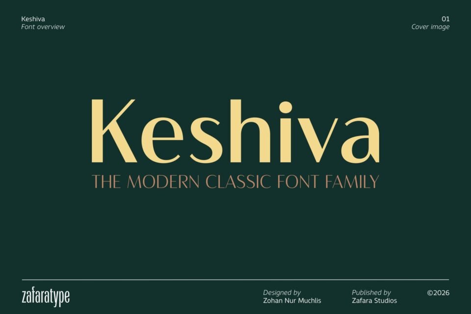 Keshiva font cover display featuring the main typeface name in a warm cream tone, accompanied by the tagline "The Modern Classic Font Family" on a deep dark green background.