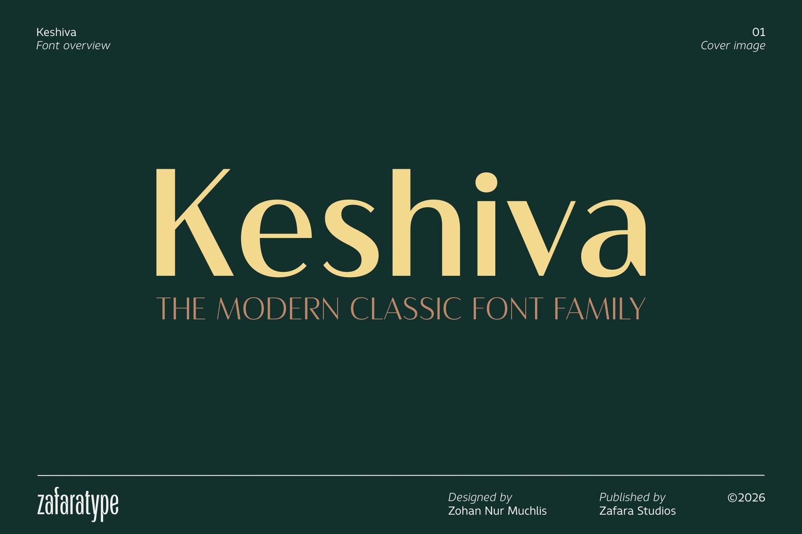 Keshiva font cover display featuring the main typeface name in a warm cream tone, accompanied by the tagline "The Modern Classic Font Family" on a deep dark green background.