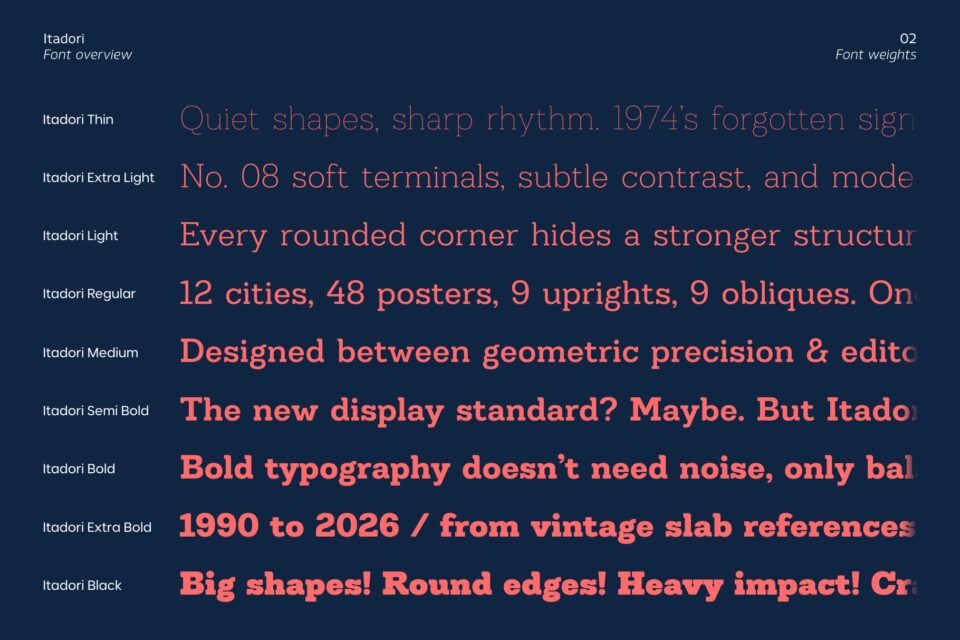 Presentation of Itadori font weights from Thin to Black, showcasing its clean modern form and rounded construction.