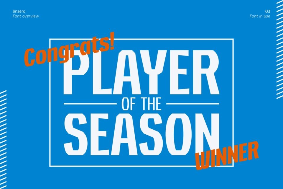 A blue sports poster concept using Jinzero font featuring the text Player of the Season Winner.