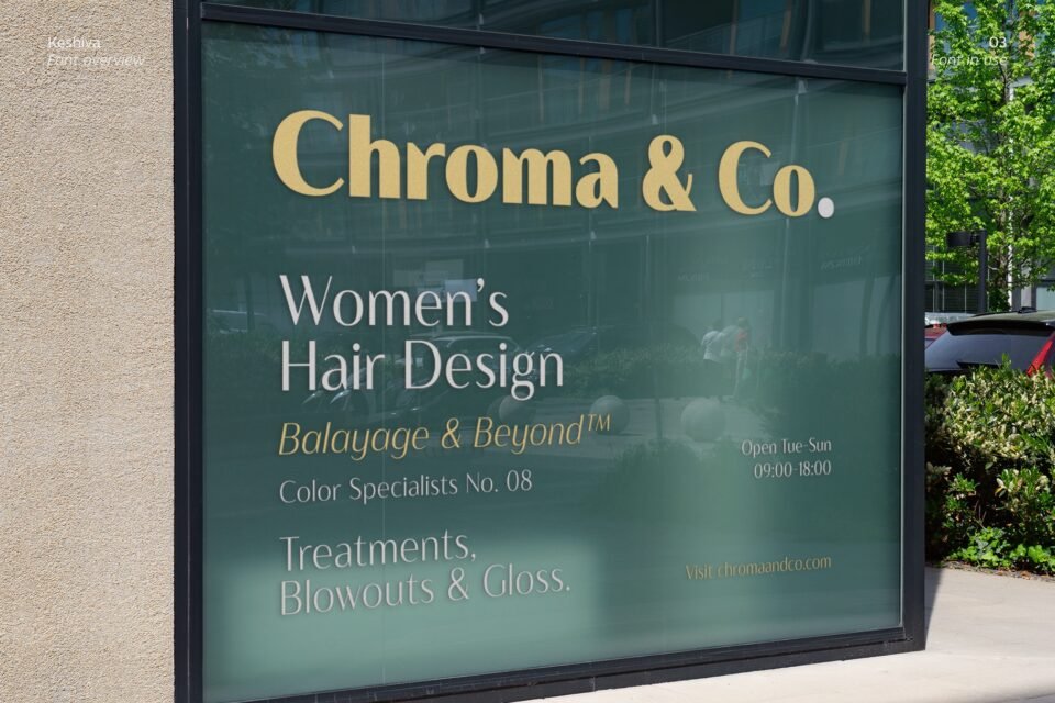 Keshiva typeface used in a real-world outdoor glass window signage mockup for a luxury salon named "Chroma & Co. Women's Hair Design".