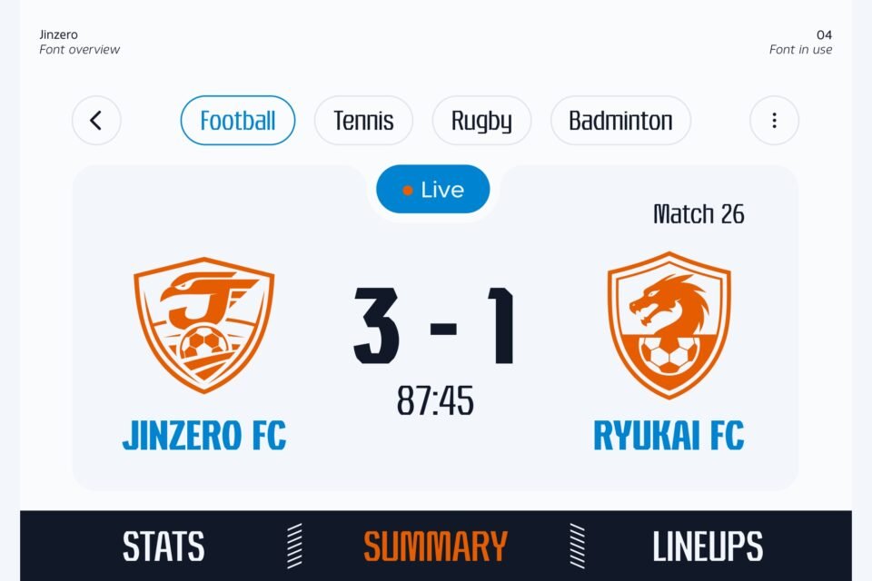 A mobile app interface displaying football match stats and team names using Jinzero font.