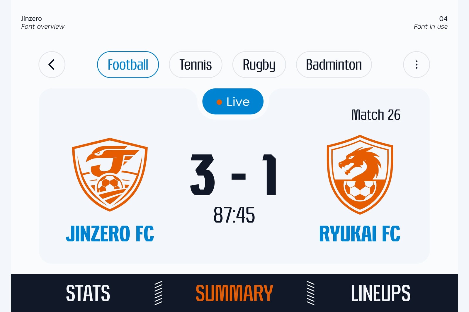 A mobile app interface displaying football match stats and team names using Jinzero font.
