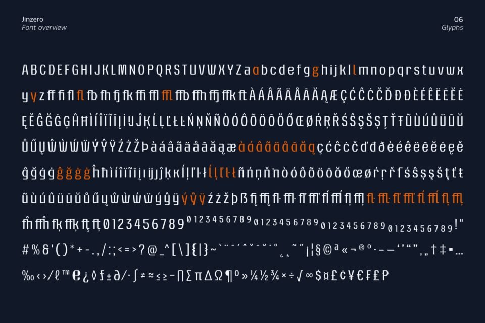 The complete set of 517 glyphs for Jinzero font showing characters, numbers, and symbols.
