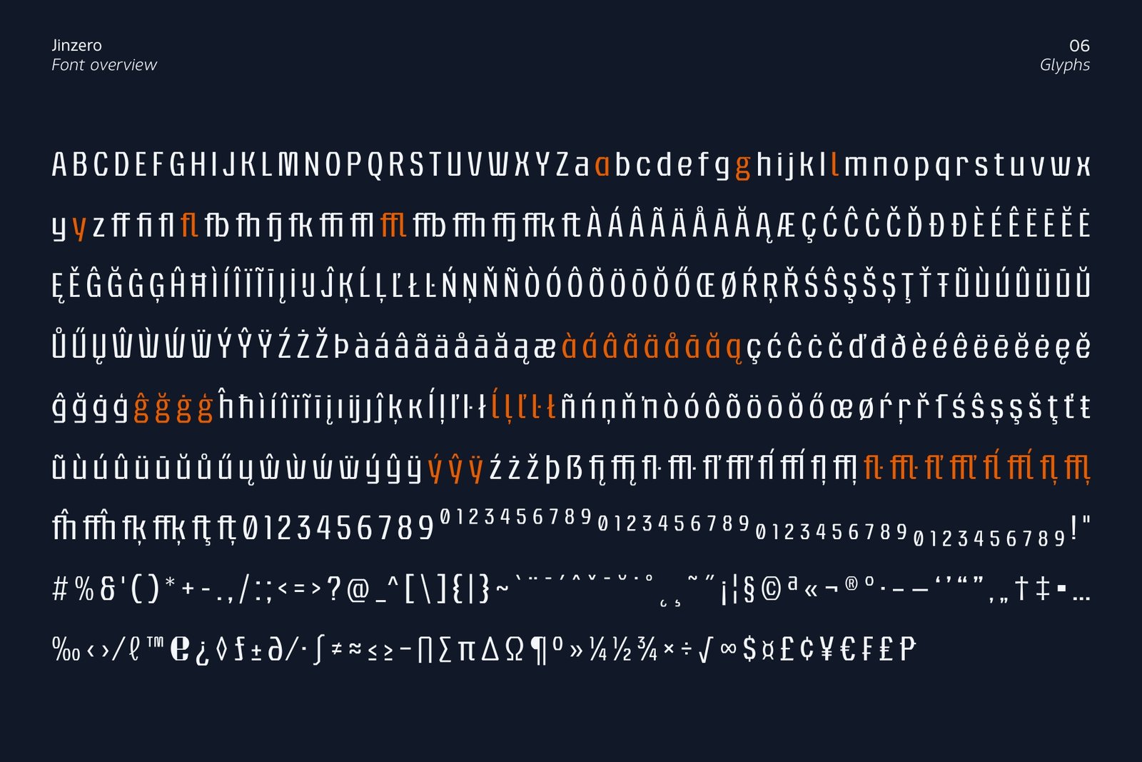 The complete set of 517 glyphs for Jinzero font showing characters, numbers, and symbols.