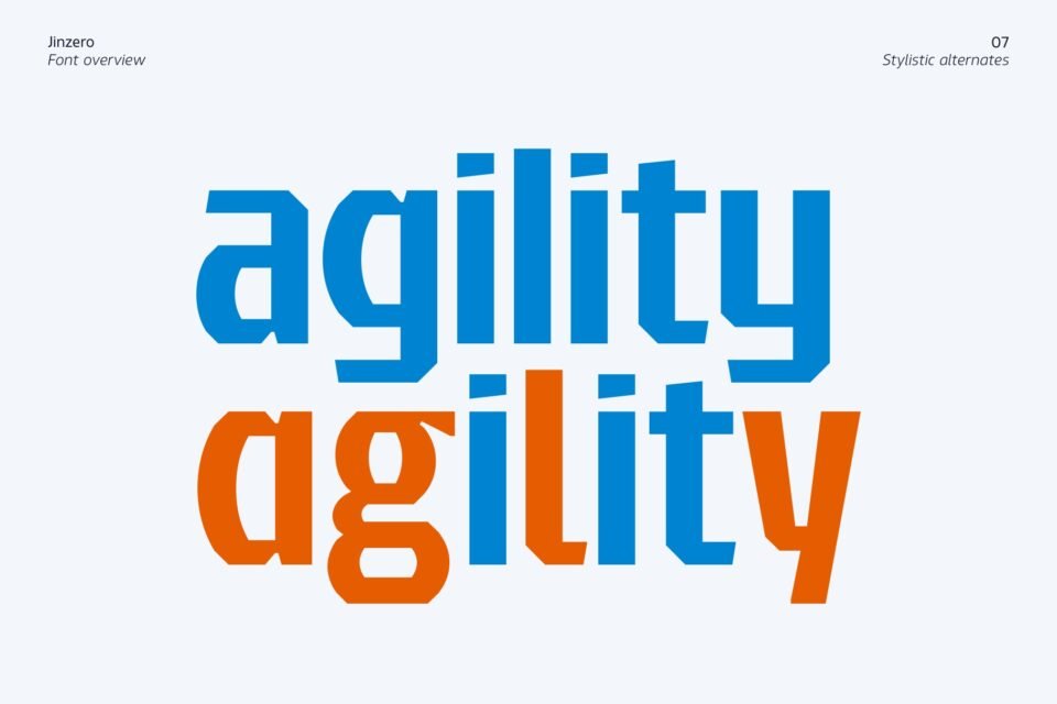 The word agility displayed in blue and orange showing the stylistic alternates of Jinzero font.