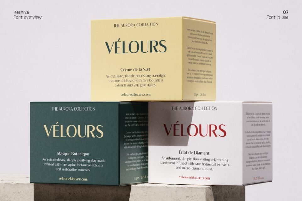 Three luxury skincare boxes stacked together for "VÉLOURS Crème de la Nuit", showcasing Keshiva typeface on cream, dark green, and white paper textures.