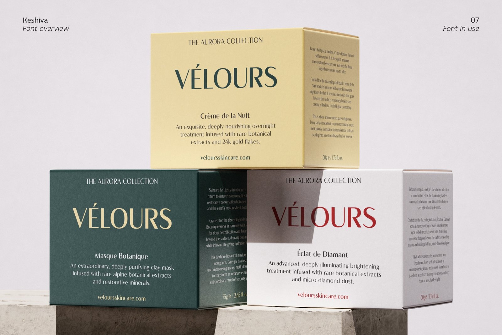Three luxury skincare boxes stacked together for "VÉLOURS Crème de la Nuit", showcasing Keshiva typeface on cream, dark green, and white paper textures.