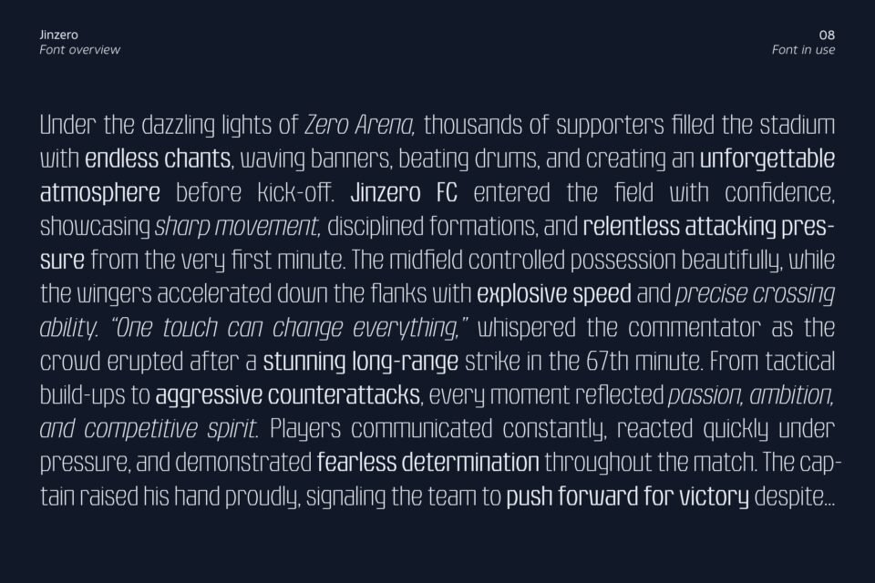 A paragraph of sports editorial text set in Jinzero font on a dark navy background.