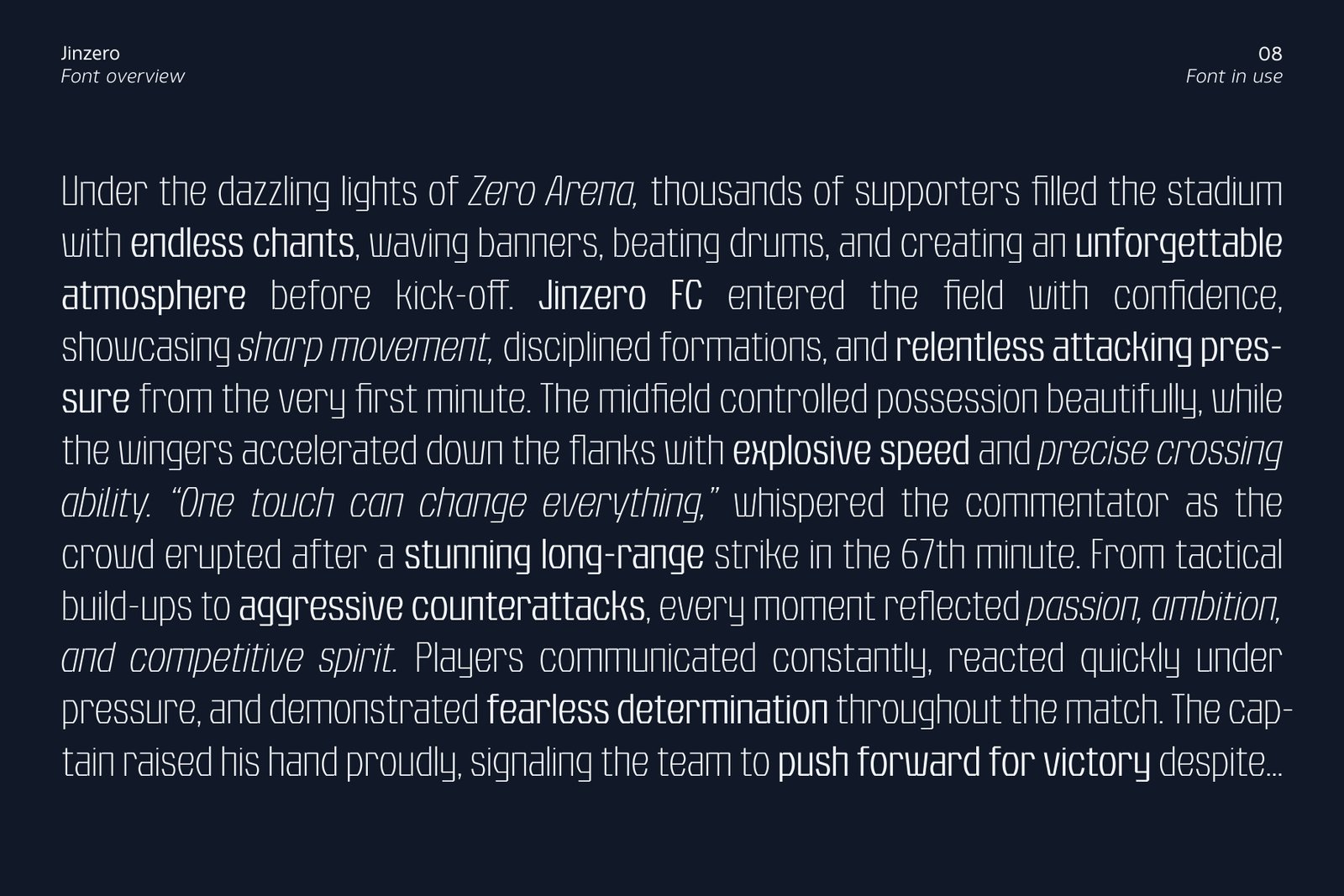 A paragraph of sports editorial text set in Jinzero font on a dark navy background.