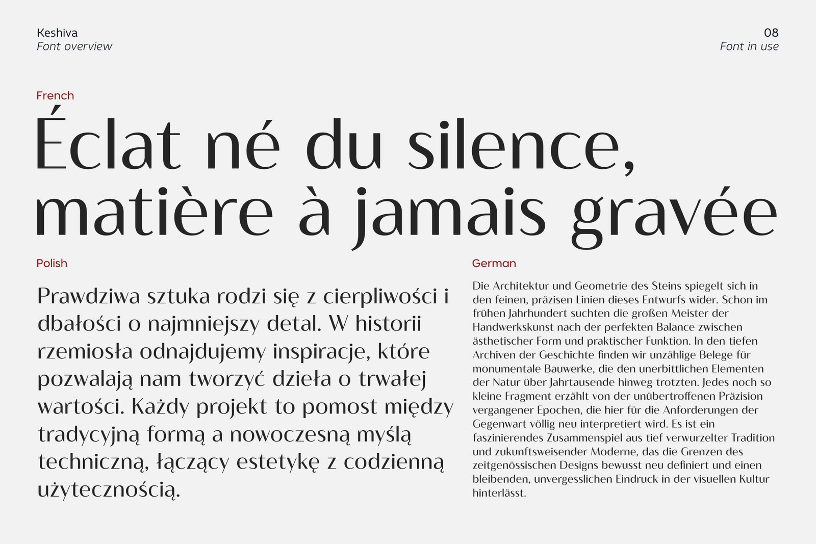 Editorial layout showing blocks of text rendered in the Keshiva font family across multiple European languages including French, Polish, and German.