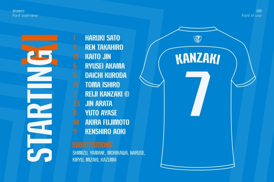 A sports graphics mockup showcasing a starting XI line-up and a football jersey nameplate using Jinzero font.