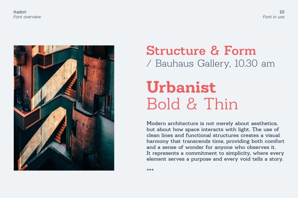 Magazine editorial design pairing an architecture photo with text blocks in Itadori Bold and Thin.