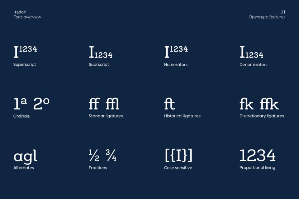 Showcase of Itadori font OpenType features including superscript, subscript, numerators, denominators, ordinals, standard ligatures, historical ligatures, discretionary ligatures, alternates, fractions, case sensitive, and proportional lining.