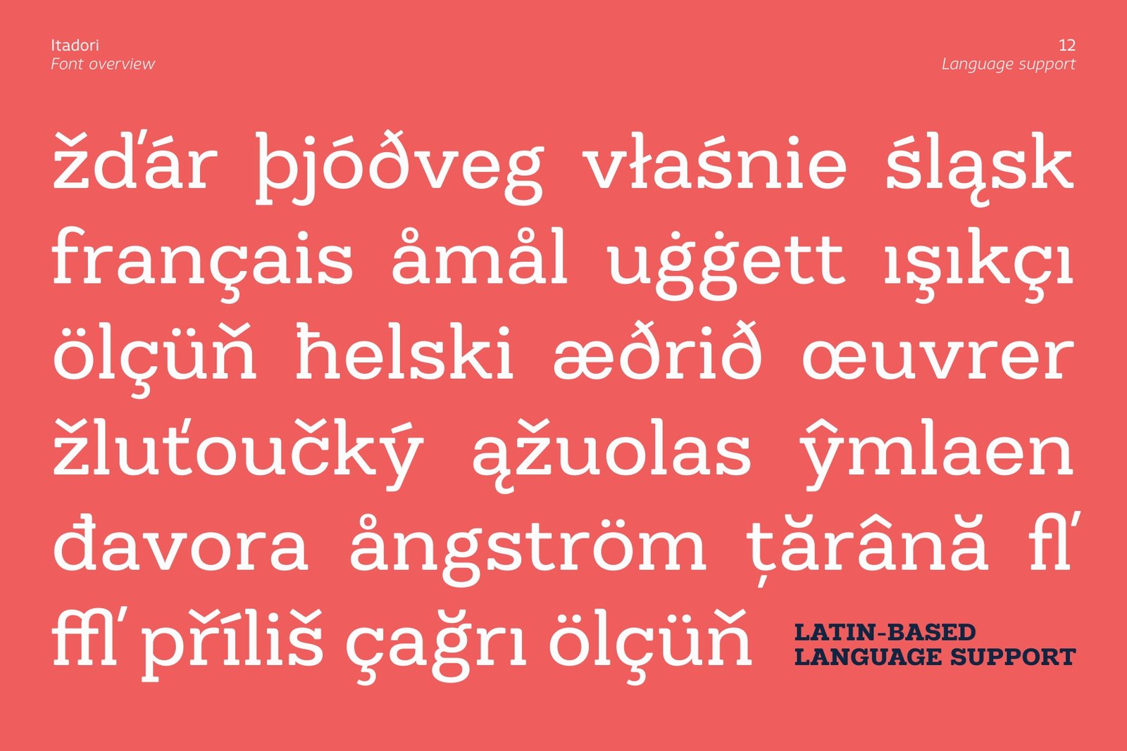 Text specimen showing Latin-based language support in the Itadori font with various accent marks, diacritics, and special European characters on a coral background.