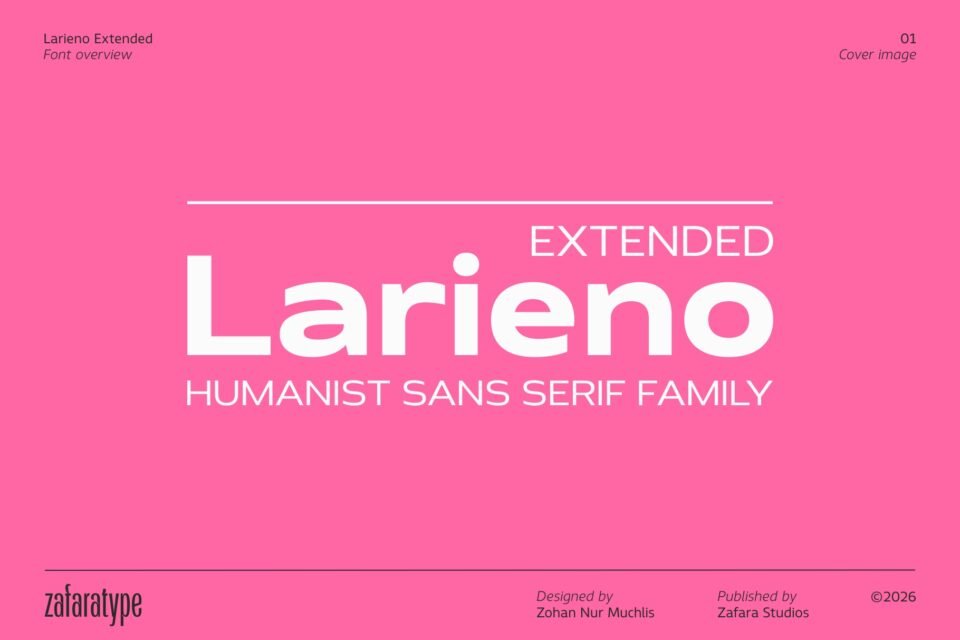 Larieno Extended typeface cover image in bold white typography over a bright pink background.