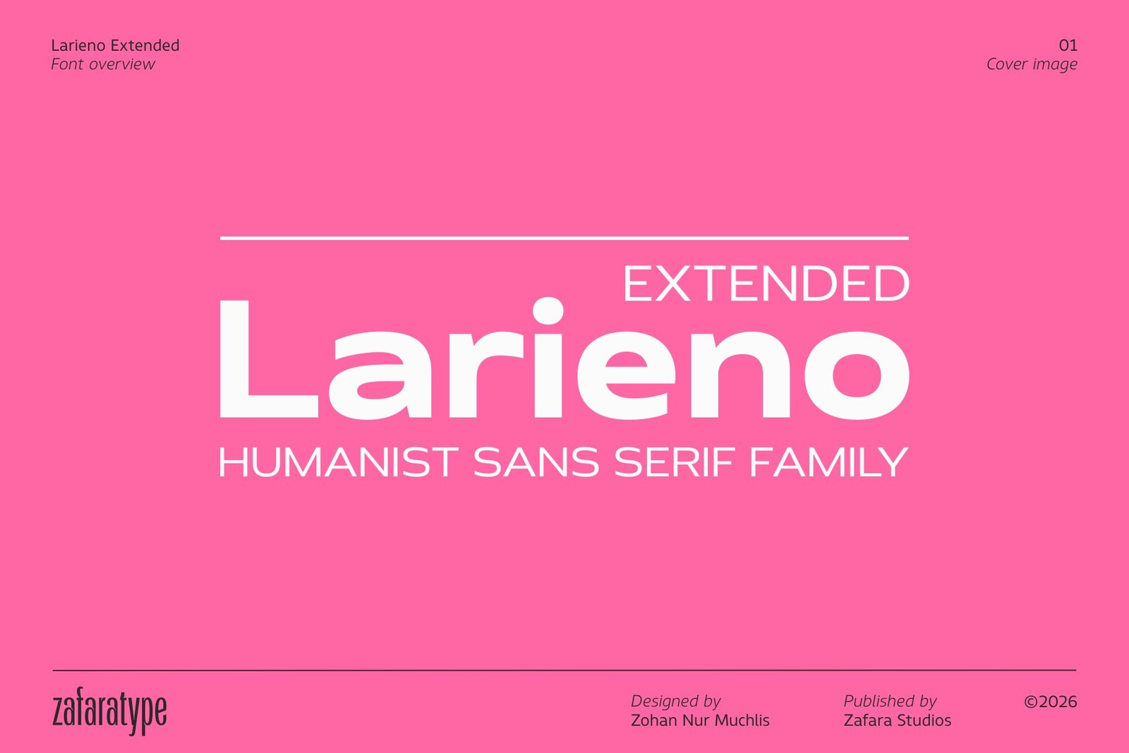 Larieno Extended typeface cover image in bold white typography over a bright pink background.