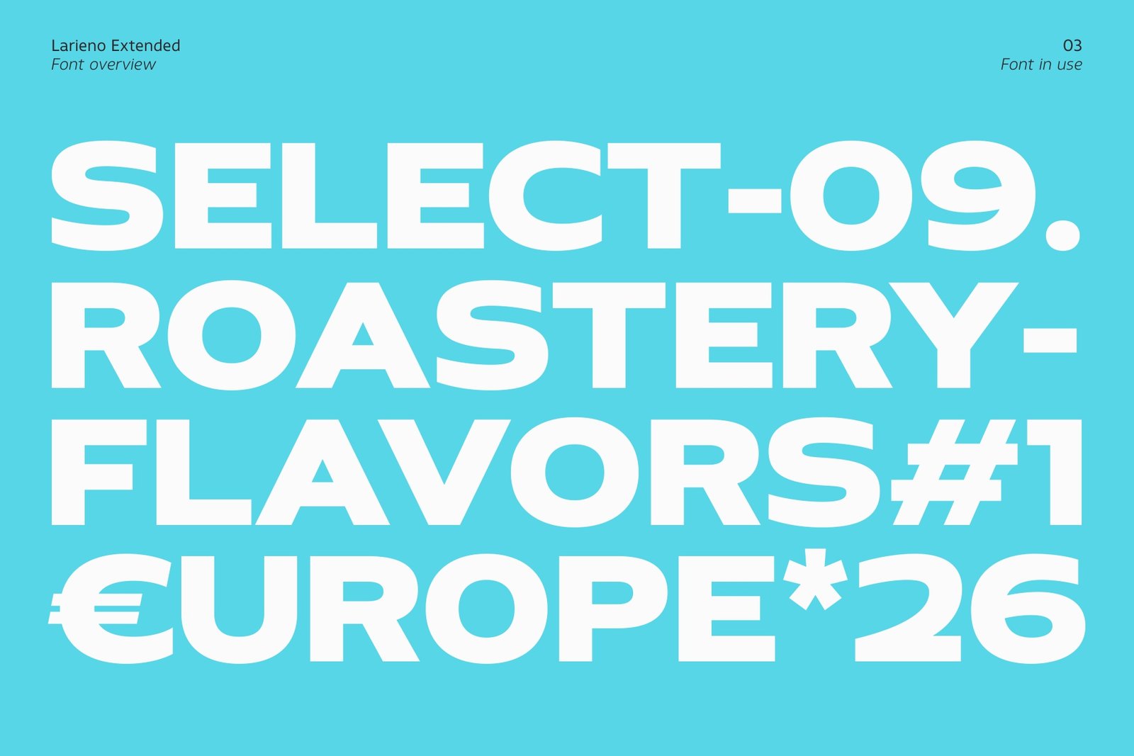 Heavyweight bold display typography featuring words like Select, Roastery, and Flavors typed in Larieno Extended on a bright cyan background.