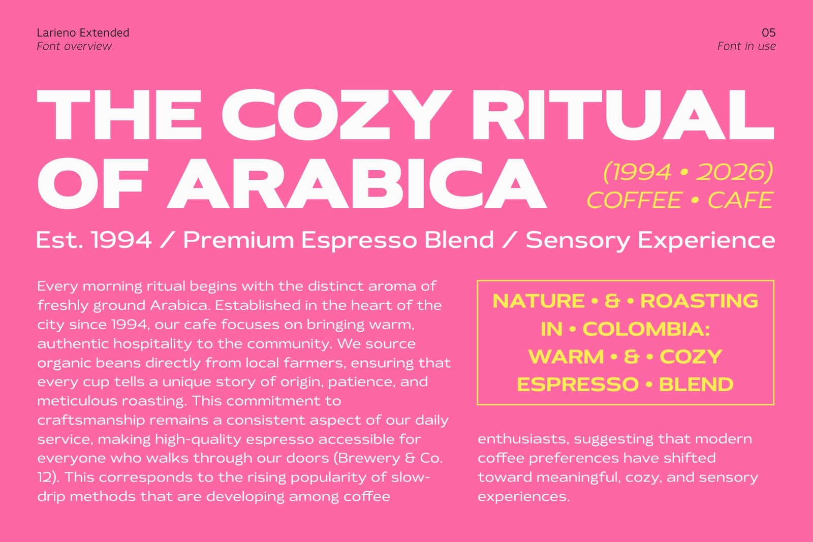 A magazine-style editorial page layout about Arabica coffee, typeset completely in Larieno Extended.