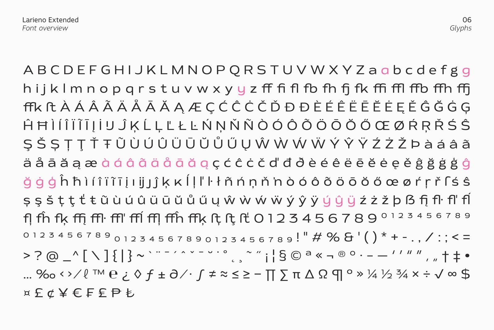 The complete glyph map of Larieno Extended displaying uppercase, lowercase, numbers, and Latin language accent marks.