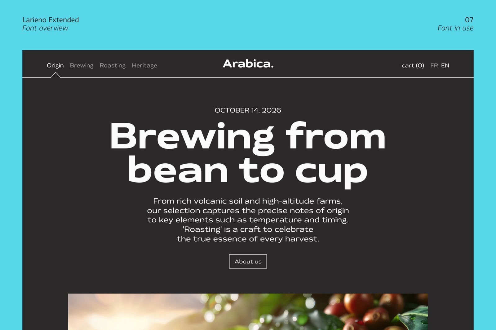 A dark-themed website header mockup about coffee brewing using Larieno Extended font for web interface design.