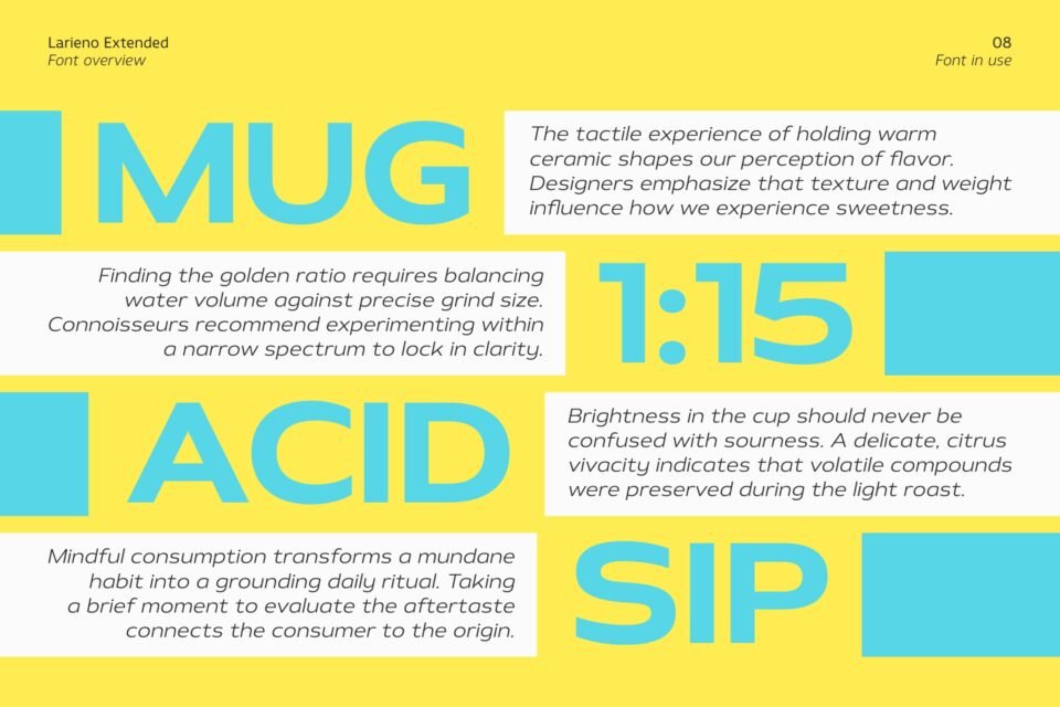 Big bold words like Mug, Acid, and Sip combined with small text blocks on a bright yellow and blue grid layout.