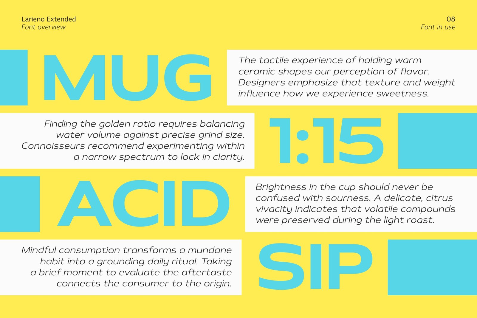 Big bold words like Mug, Acid, and Sip combined with small text blocks on a bright yellow and blue grid layout.